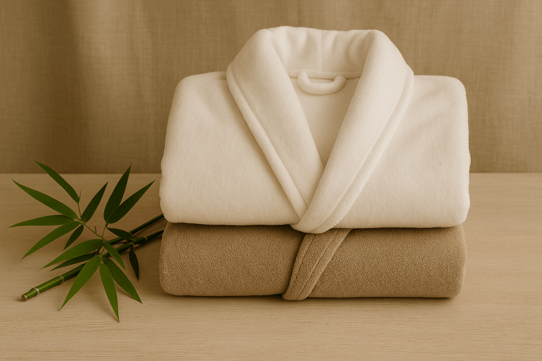 Hochwertiger Bademantel aus Baumwolle und Bambus, gefaltet mit Naturdeko