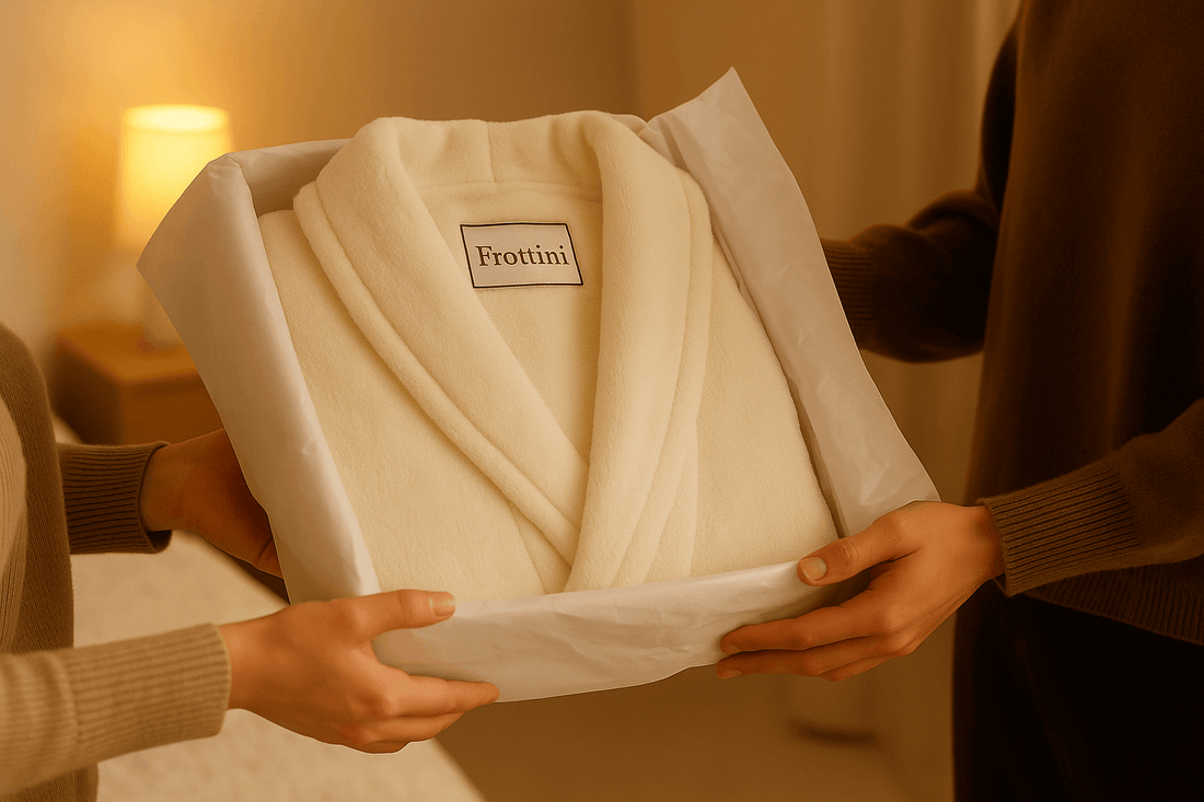Gefalteter Frottini Bademantel in Geschenkbox wird als Geschenk überreicht