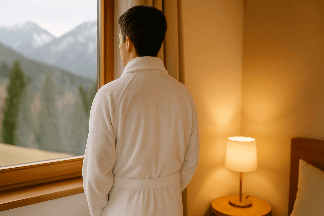 Person in personalisiertem Bademantel mit Initialen genießt ruhigen Moment am Fenster