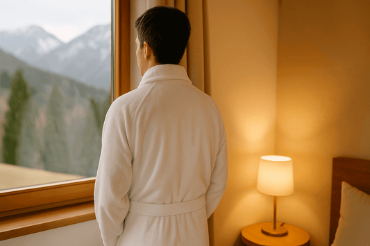 Person in personalisiertem Bademantel mit Initialen genießt ruhigen Moment am Fenster