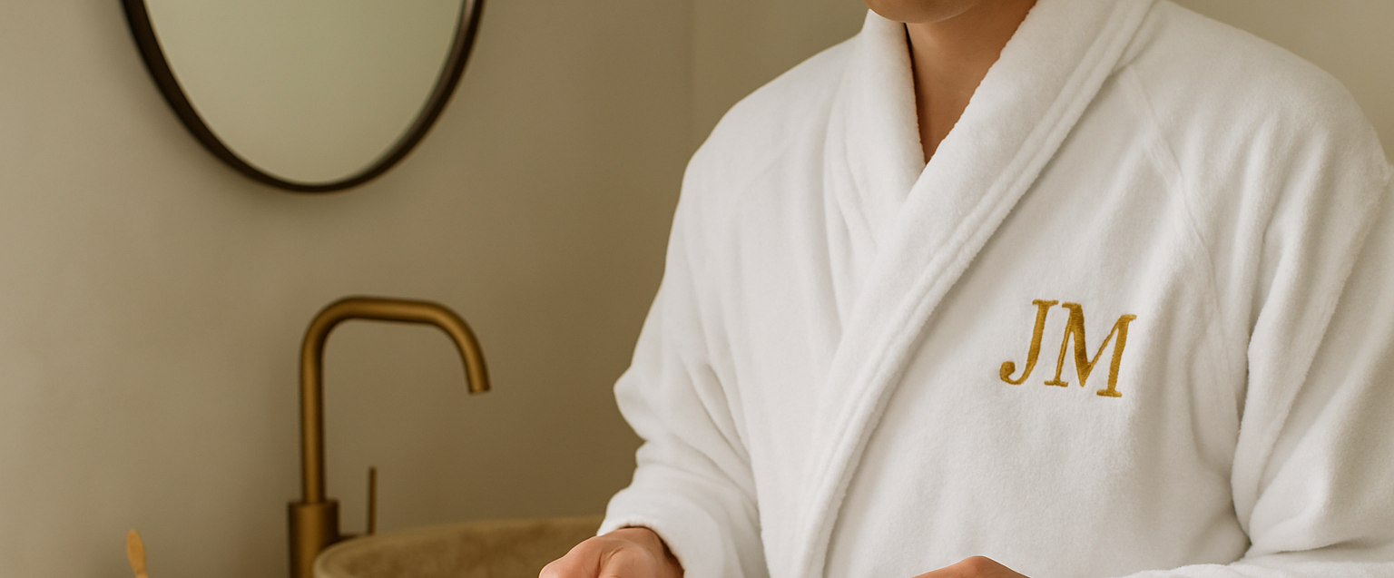 Eine Person trägt einen weißen Bademantel mit den Initalen "JM" im Badezimmer