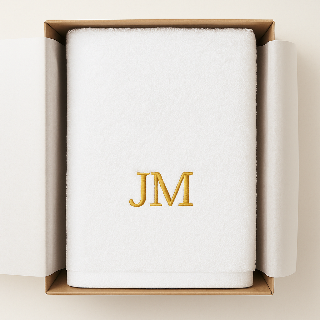 Mit Initialen "JM" besticktes weißes Handtuch in einer Geschenkbox mit Seidenpapier