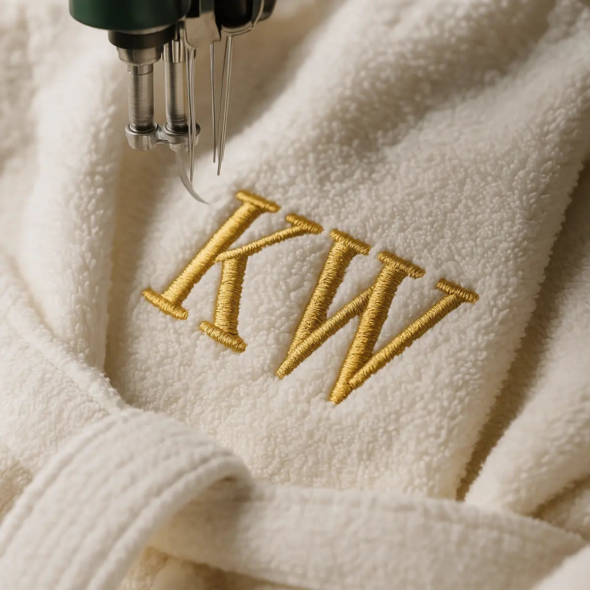 Stickmaschine stickt goldene Initialen auf weißen Bademantel