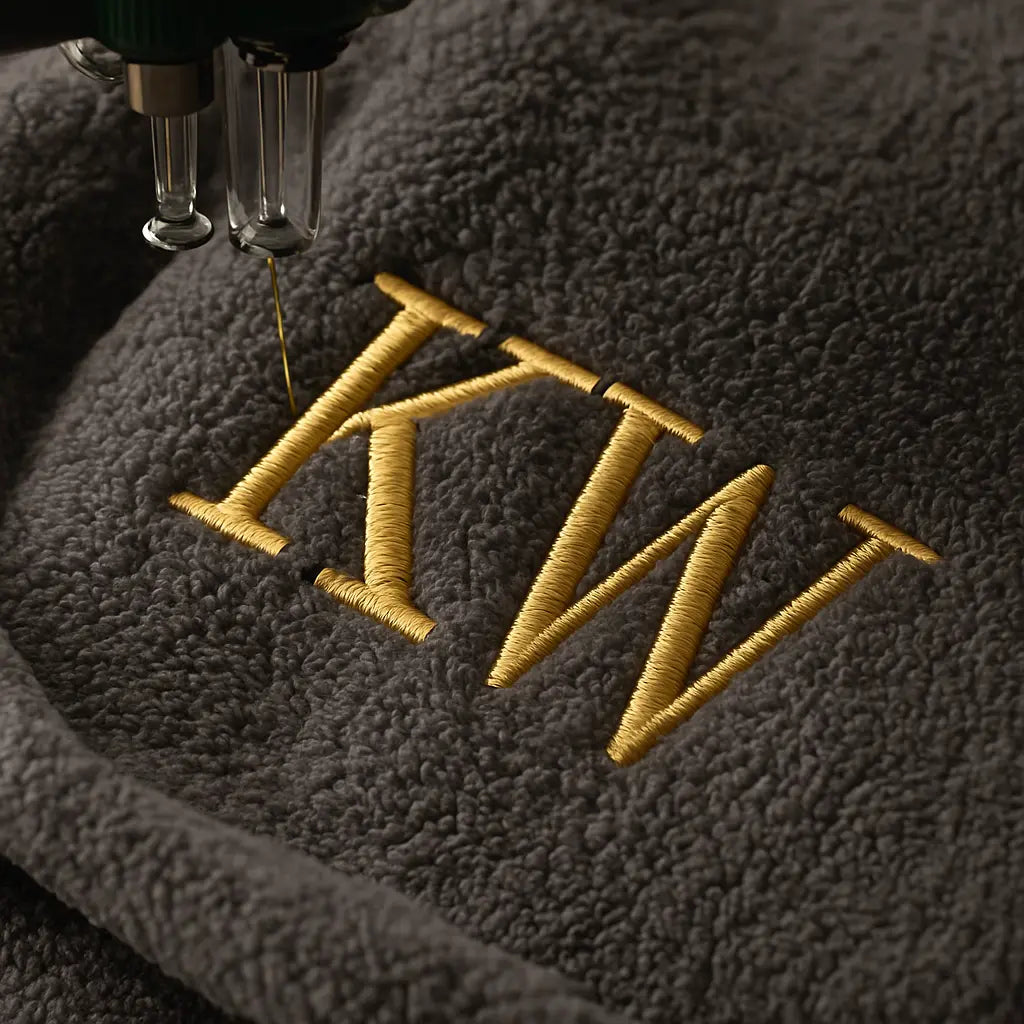 Detailaufnahme Stickmaschine, die goldene Initialen auf Bademantel stickt