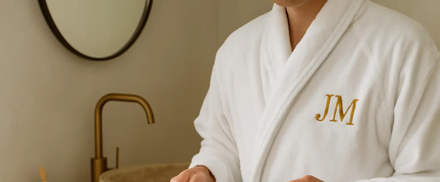 Person trägt weißen Bademantel mit gestickten Initialen im Badezimmer