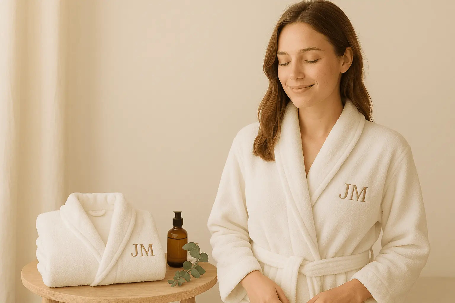 Frau trägt weißen Bademantel mit gestickten Initialen, daneben weiterer Bademantel dekorativ gefaltet
