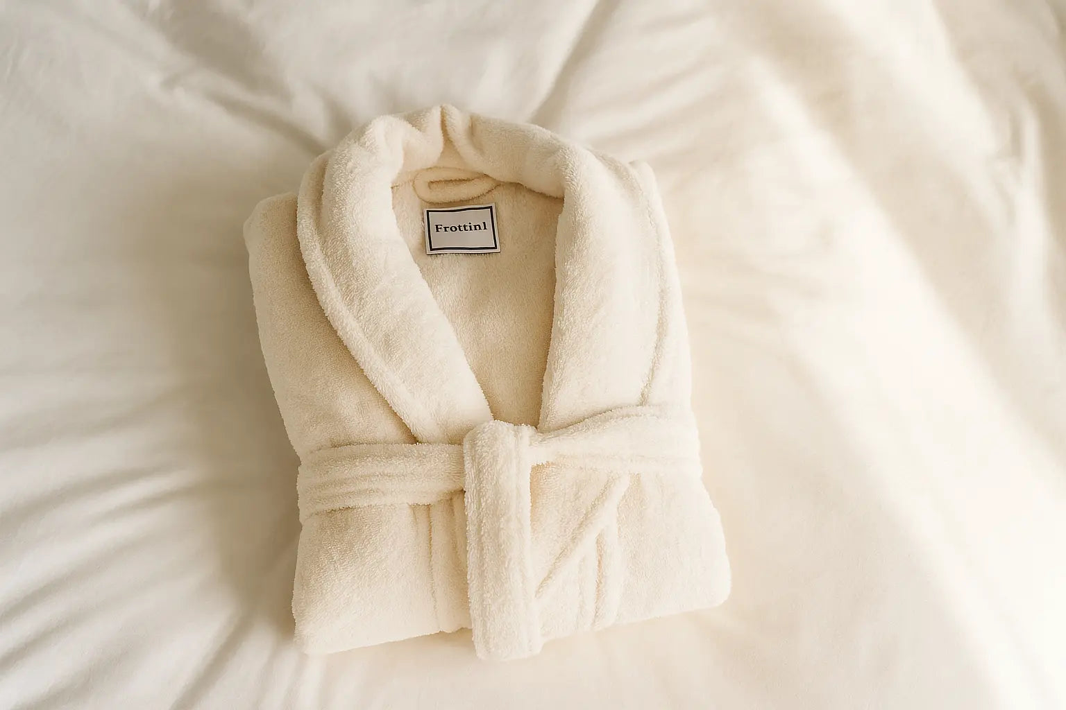 Gefalteter Frottini Bademantel in Weiß auf Bett