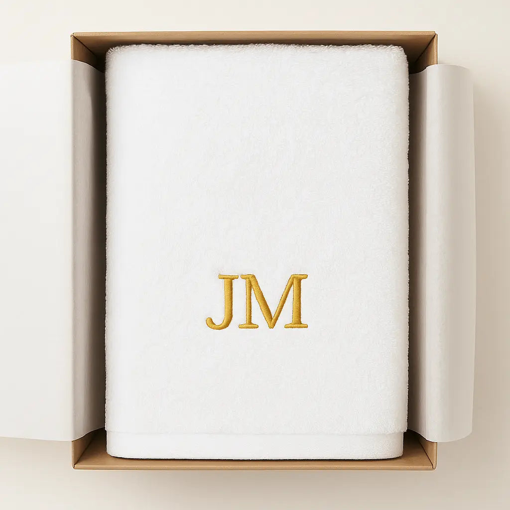 Weißes Handtuch mit gestickten Initialen in Geschenkbox