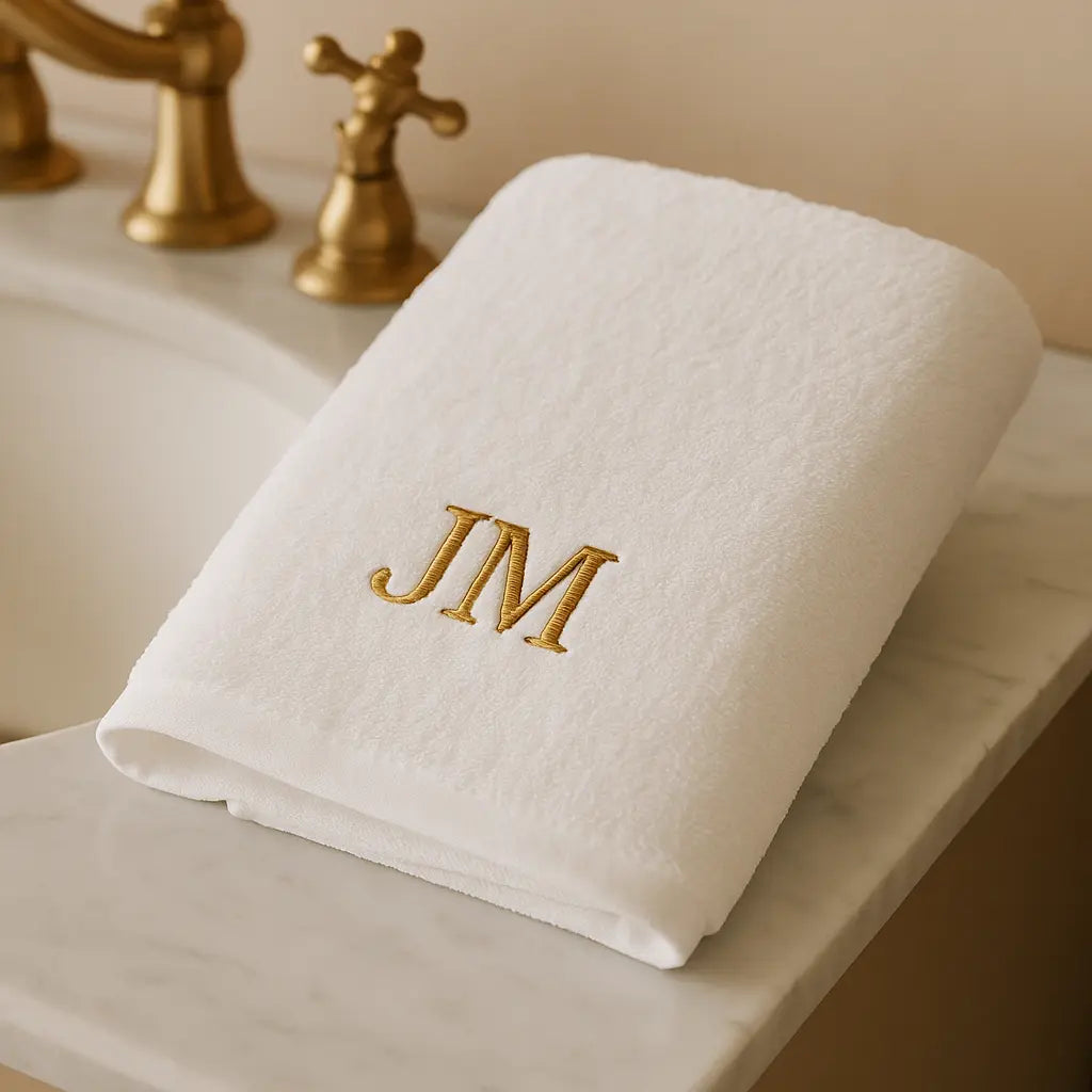 Weißes Handtuch mit gestickten Initialen auf Marmorablage im Badezimmer
